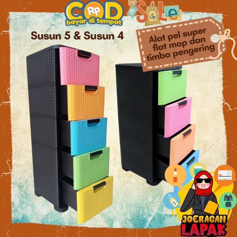 LEMARI LACI PLASTIK TRIVIA SUSUN 4 DAN 5 MOTIF ROTAN SOROKAN TARIK DORONG BOX CONTAINER BOX