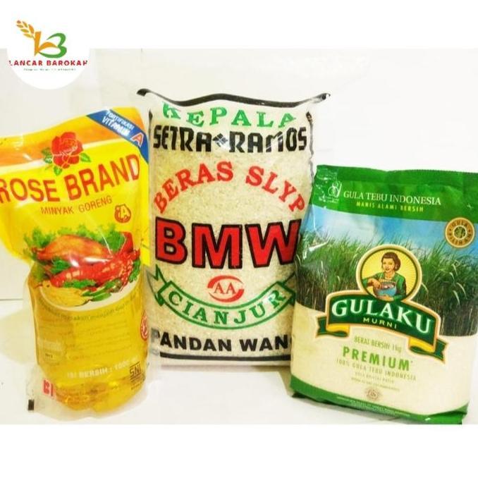 Lancar Barokah Paket Sembako Murah Beras Setra Ramos 3 Liter Minyak Goreng 1 Liter Gula Rosebrand Ma