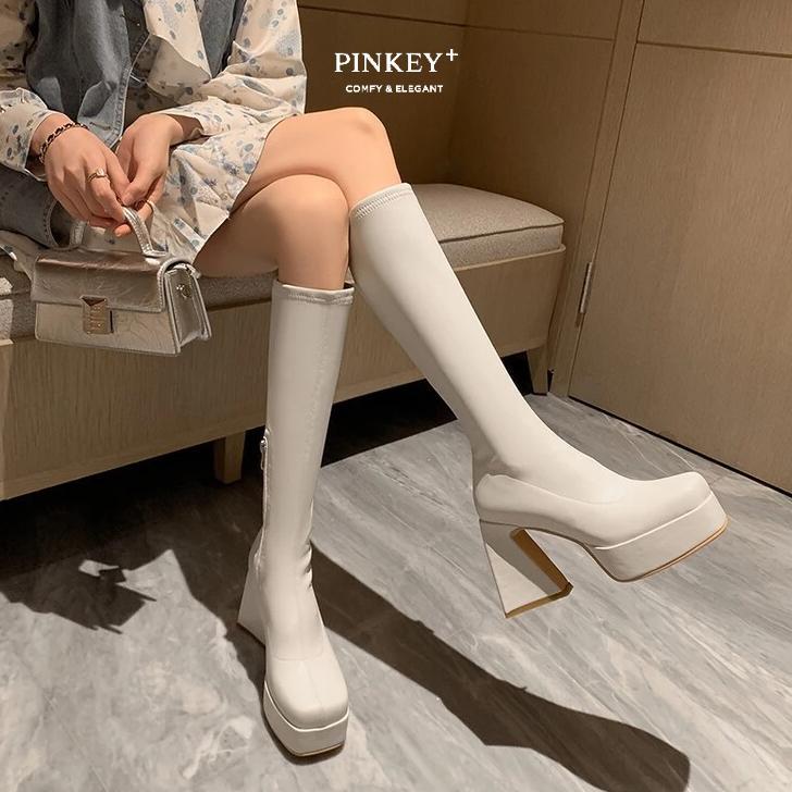 TERBARU PINKEY P295 BOOTS PANJANG WANITA HEELS 10CM PLATFORM HITAM PUTIH