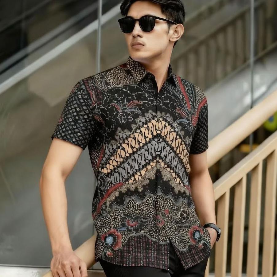 Batik Warna Agung Batik Manggar Abu Batik Pria Premium Lengan Pendek Hem Pria
