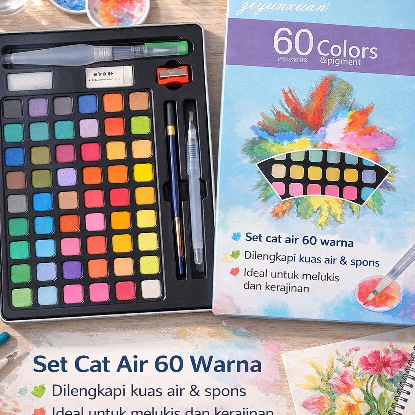Cat Air Watercolor 60 Warna High Pigment Free Kuas Set Cat Lukis Padat/Cat Air Warna Lengkap