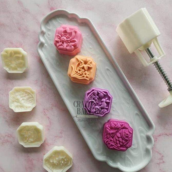 Cetakan Kue Bulan Kelinci Ikan Bunga Flower Honeycomb Mid Autum Lotus Koifish Mooncake Mold 50gr