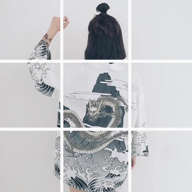 Kim-09 Loose Kimono Jepang Satin Printing Motif Naga Hemat Banget