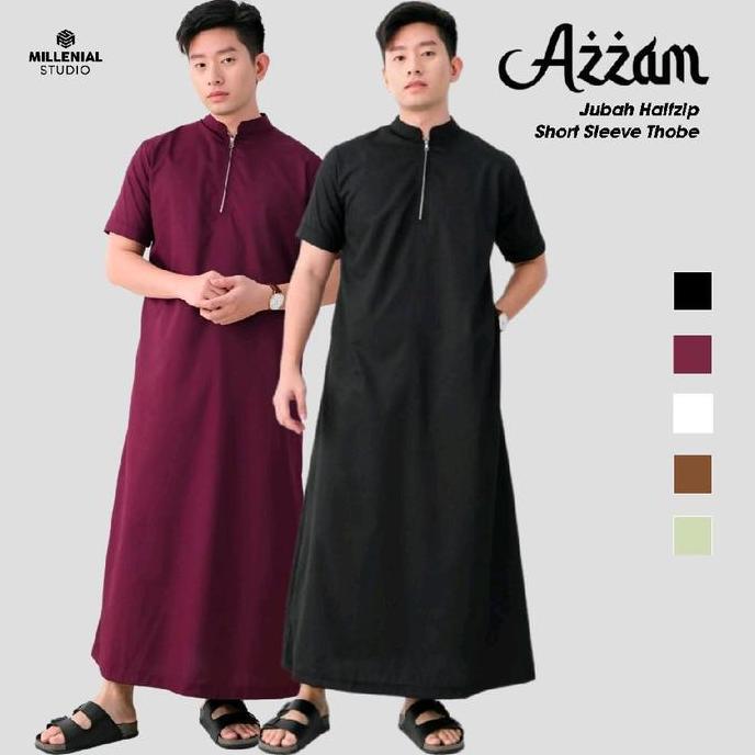 Asliori- Millenial Studio Azzam Jubah Pria Slimfit Gamis Lengan Pendek Halfzip Thobe Sanvanina Bahan
