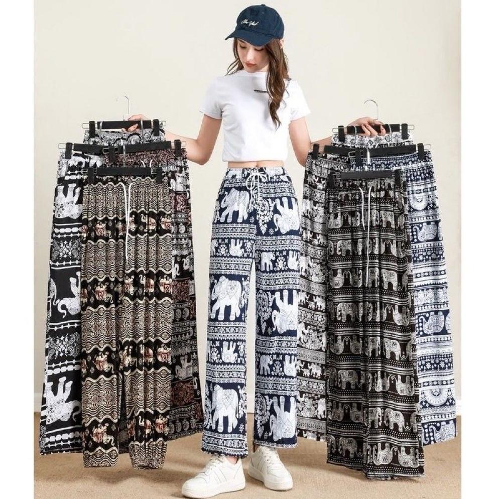 Berkualitas Celana Kulot Gajah Thailand Hitam Putih - Celana Kulot Rayon Motif Gajah - Celana Rayon