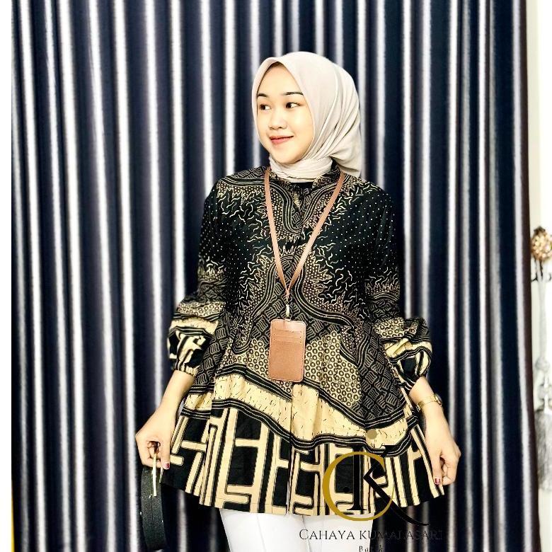 Blouse Batik Wanita Lengan Balon Nafira Hitam - Bahan Katun Prima Premium Batik Kerja Wanita Modern