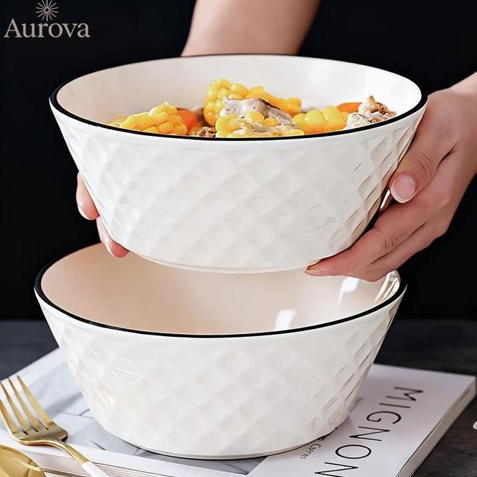 AUROVA Mangkok Ramen Keramik Putih Premium 20cm Microwave Garis Putih Elegant Japanese Style DS