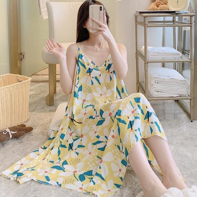 AKLOVER Daster Kekinian Baju Tidur WanitaTanpa Lengan Pakaian Rumah Yang Panjang Piyama