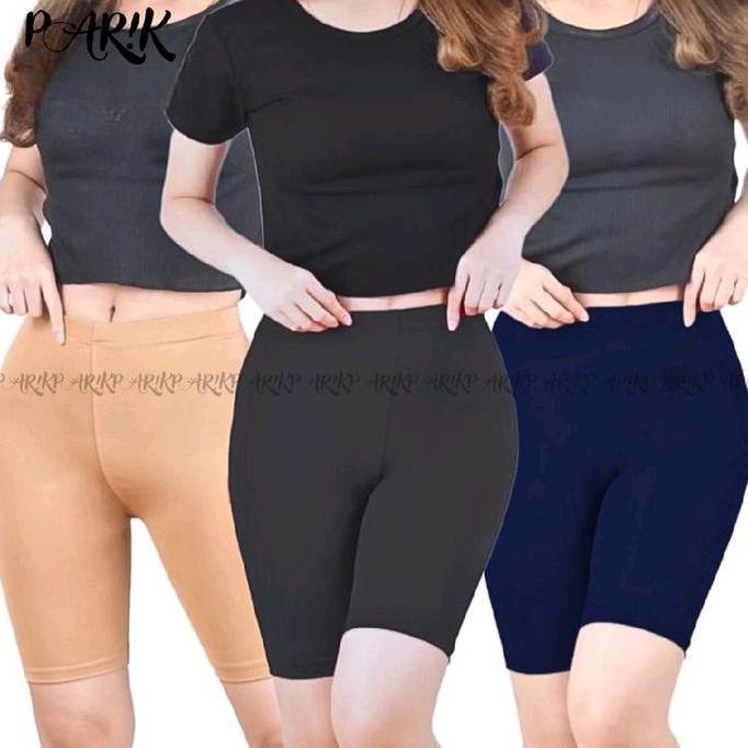 Paket 3 Celana Shot Spandex Licin Standar Jumbo Super Jumbo Wanita Tebal Legging Pendek Dewasa - Hit