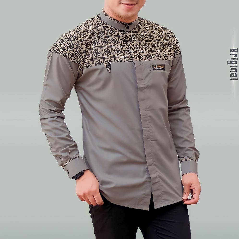 Original Baju Kemeja Koko Pria Lengan Panjang Kombinasi Batik Klasik Motif Bima Bahan Katun Toyobo