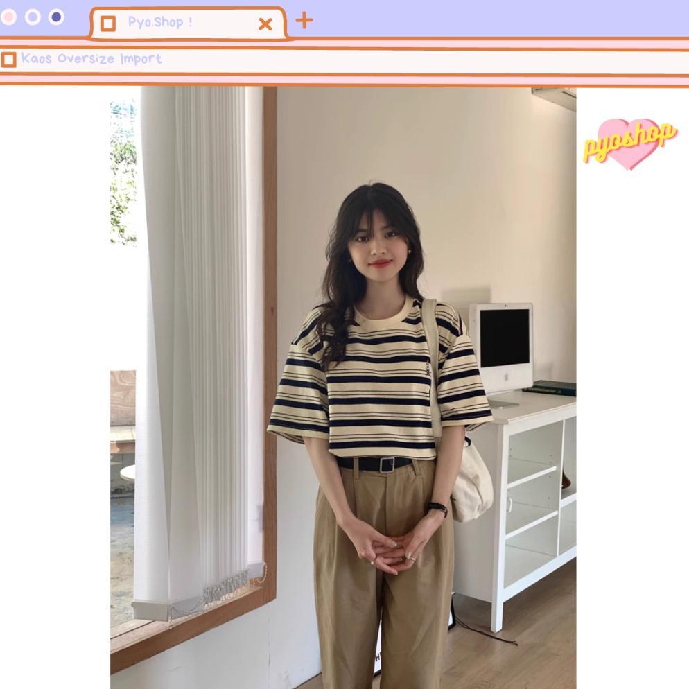 Hemat Kaos Stripe Oversized Import Wanita Bordir Korean