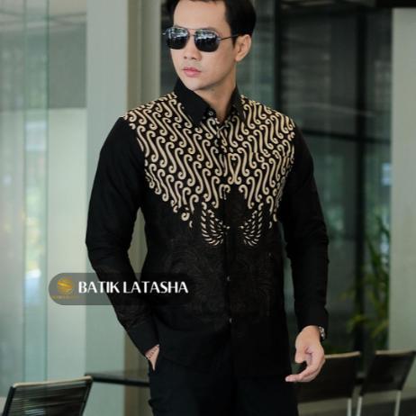 Batik Latasha - Kemeja Batik Pria Motif Adinata Hitam | Batik Pria Slimfit Ful Furing Lengan Panjang