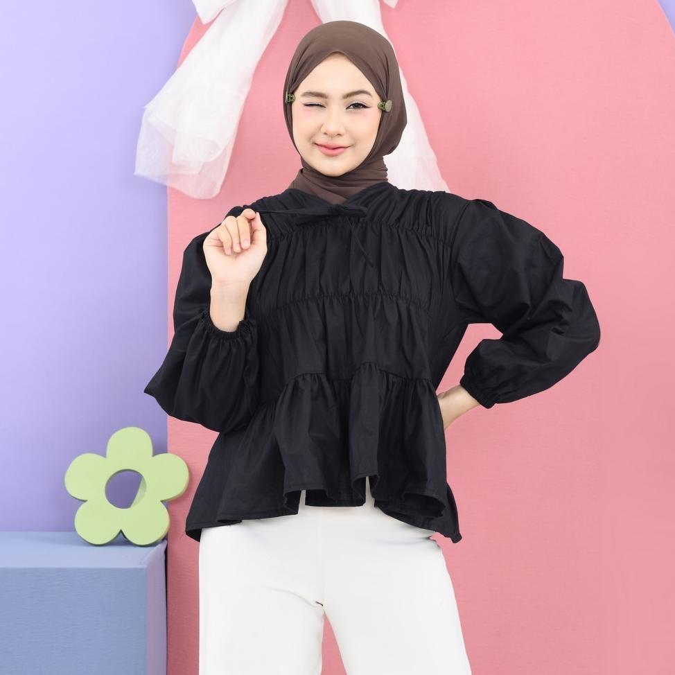 Free Ongkir {Ahn} Mireya Blouse Kerut Dada - Atasan Wanita Polos Lengan Panjang Bahan Rayon Twill Ad