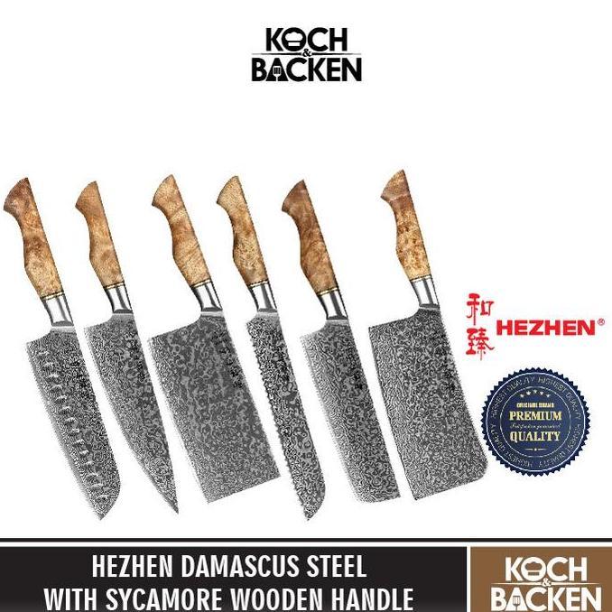 Hezhen B30 Damascus Steel Figured Sycamore Wood Handle - Pisau Dapur Asli