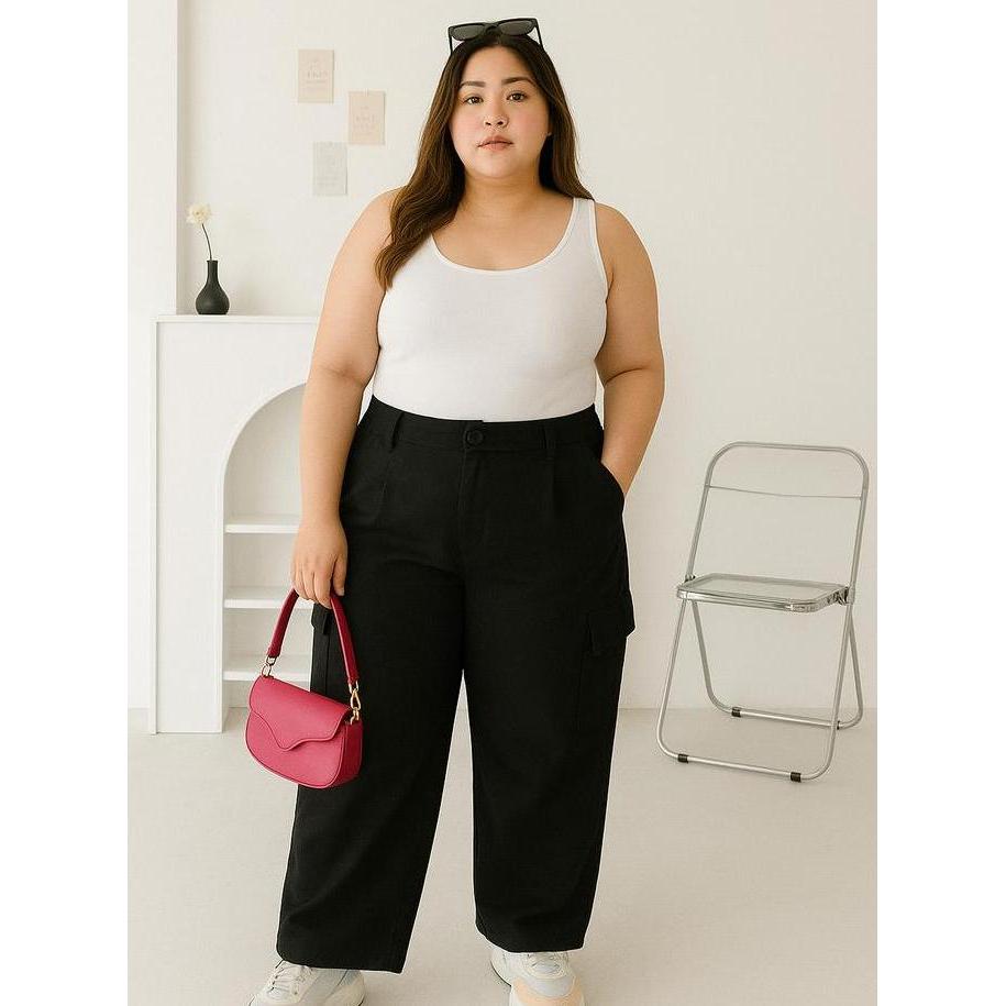 DISKON Celana Cargo Pants Wanita Jumbo Big Size XXL 3XL 4XL 5XL Bahan American Drill Tebal Kulot Pan
