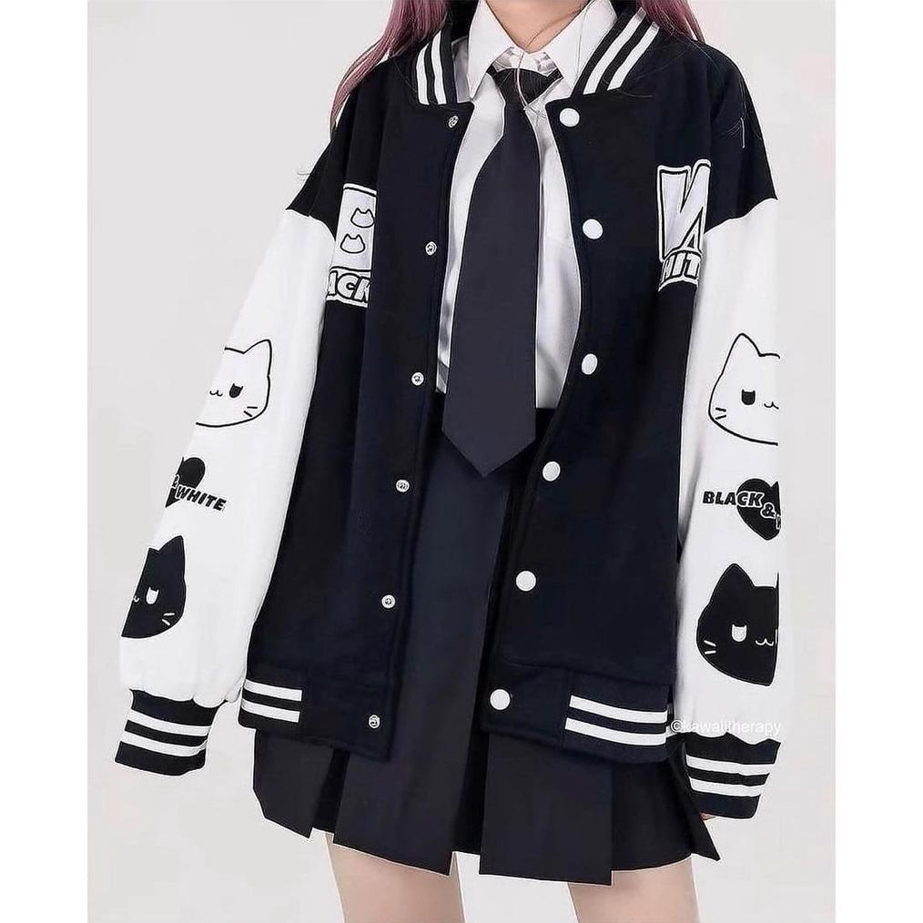 Free Ongkir Bw Cat Jacket Baseball Cewek Lucu | Jacket Varsity Black White Oversize Wanita Korea Sty
