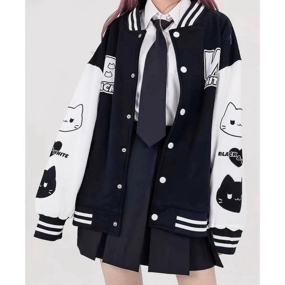 Diskon Bw Cat Jacket Baseball Cewek Lucu | Jacket Varsity Black White Oversize Wanita Korea Style