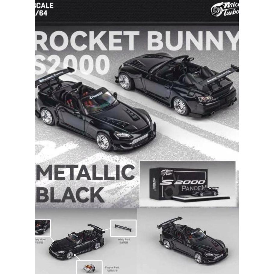 MICRO TURBO 1/64 HONDA S2000 ROCKET BUNNY METALLIC BLACK - DIECAST MOBIL MAINAN MINIATUR AS2123