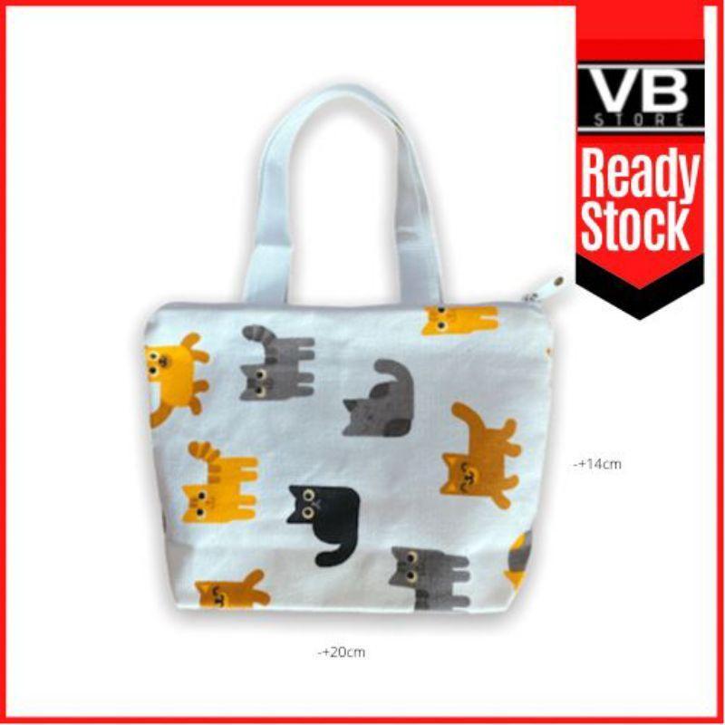 Tas Kanvas Twill Pouch Handbag Kucing Lucu Motif Tebal