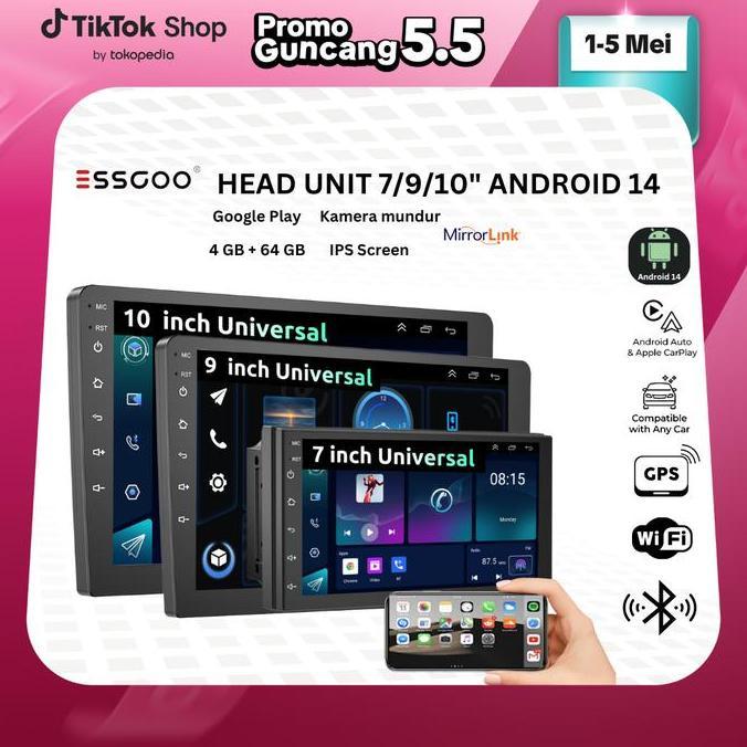 Terlaris Essgoo Head Unit Android 14 Mobil 4G+64G  7/9/10 Inch 2 Din Kontrol Suhu Cerdas Ips Layer M