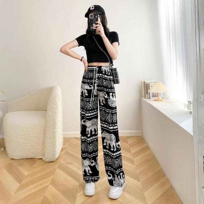 Clova CPG458 Celana Motif Kulot Wanita Santai Gambar Gajah Bahan Rayon Halus Panjang Katun Salur Hit
