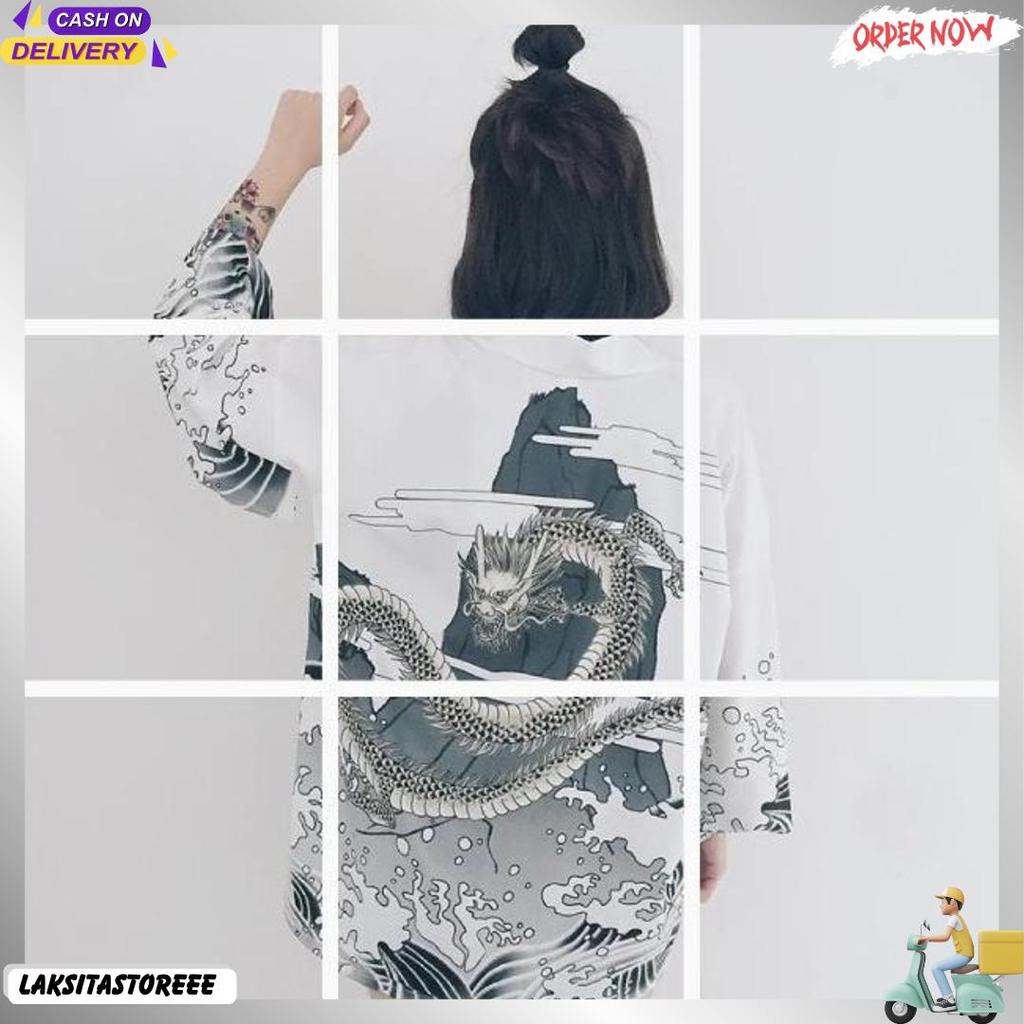 Kim-09 Loose Kimono Jepang Satin Printing Motif Naga Teruji Kualitasnya