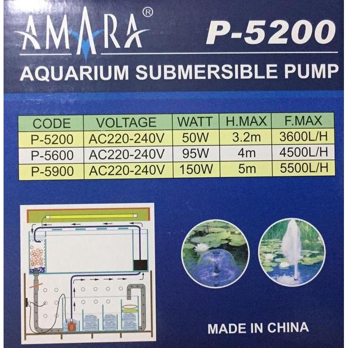 Acquario- Submersible Pump Amara P-5200, Pompa Celup Air Hidroponik, Kolam Ikan