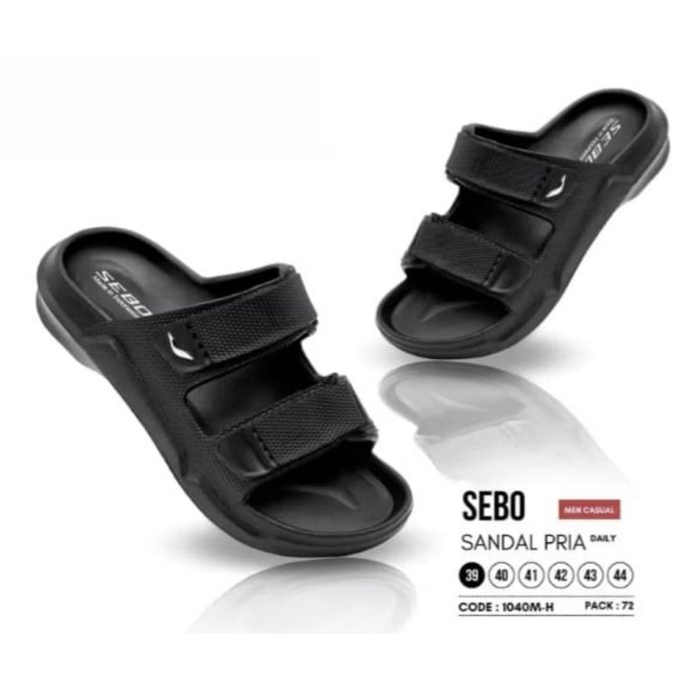 Sebo:Sandal Slop Pria Dewasa Hitam Polos Ban 2 Model Terkini Anti Licin 1040L