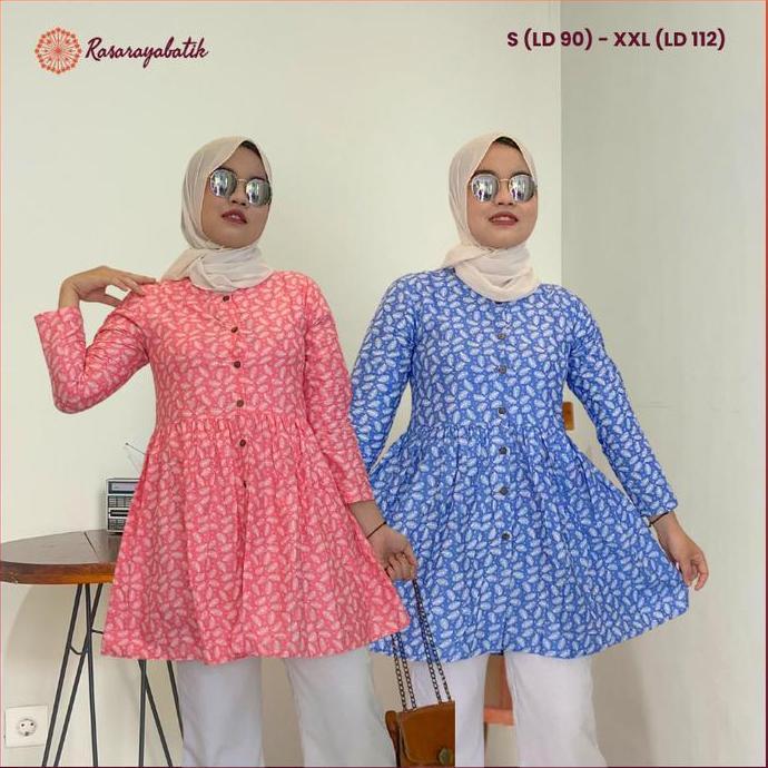 [] Rasaraya Batik Emily Tunik Wanita Katun - Atasan Batik Warna Pink Biru Pastel Busui Friendly