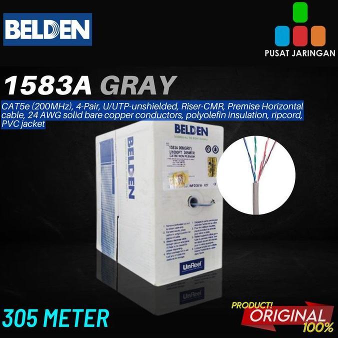 Belden Kabel Lan Utp Cat-5E 1583A Original 305M Biru/Grey 24 Awg Solid Bare Copper 4 Pairs Insulatio