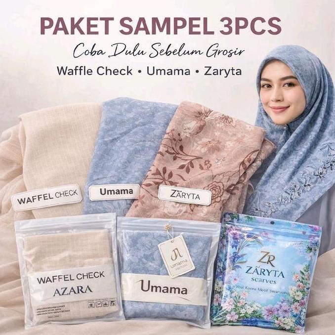 Paket Sampel Hijab 3pcs | Waffle Check Azara + Umama + Zaryta | Coba Dulu Sebelum Grosir