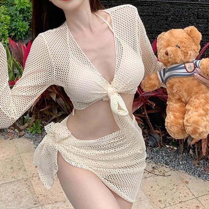 Baju Renang Rajutan Lengan Panjang p-piece Set Wanita Bikini Seksi Gaya Liburan Smock