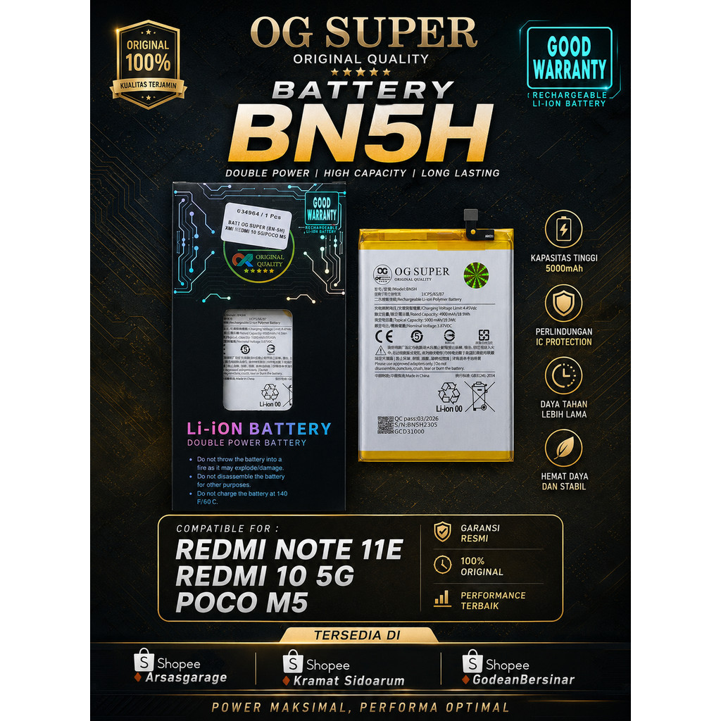 OG Super Baterai BN5H Redmi Note 11e, Redmi 10 5G, Poco M5, Double IC Power