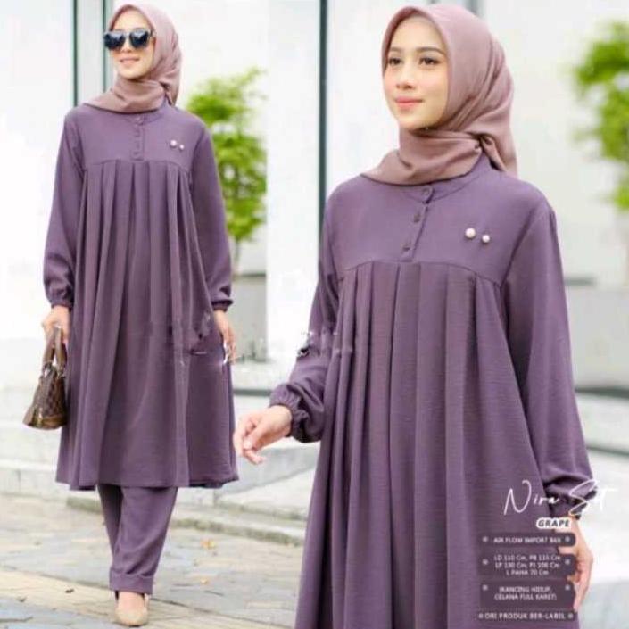 HOT DEALS SIZE JUMBO NIRA SETCEL LONG TUNIK + CELANA BAHAN CATOON PREMIUM / SETELAN WANITA TERBARU M