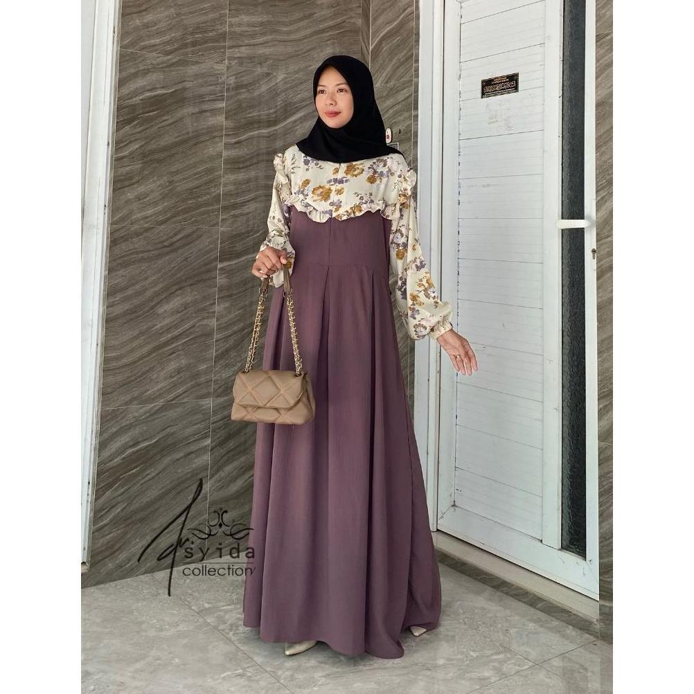 New Dress Crinkle Motif Bunga Gamis Crinkle Motif Kombinasi Model Terbaru Dress Premium [G4]
