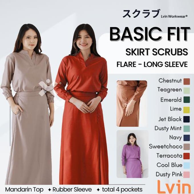[ Lvin ] FLARE SKIRT  SCRUBS - Vol 01 -  Baju OKA Rok Mandarin Collar Lengan Panjang / Baju Jaga /Se