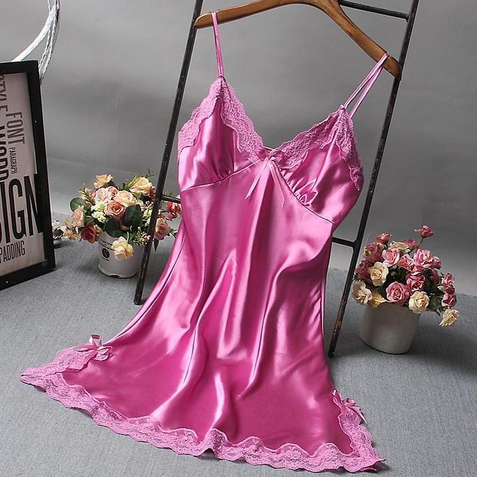 Ninabobo BT004 Lingerie Dress Satin Mini Deep V Silk Baju Tidur Wanita Mini Daster Renda
