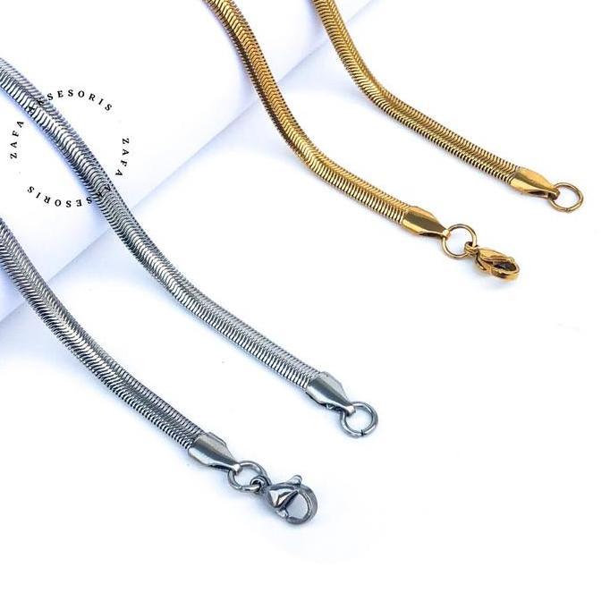 Zafa Kalung Titanium Pria Wanita Anti Karat Gepeng Lebar Silver Gold - Flat kalung titanium Elegan