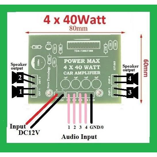 gacorrriki / Kit Power Amplifier DC 12volt 4 x 40 Watt BTL Stereo 4 jalur TDA7388 untuk Soundsystem 