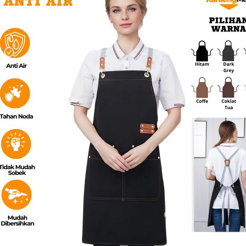 Karaengmall Apron Celemek Cafe Barista Apron Masak Anti Air Dengan Kantong Bahan Kanvas Premium