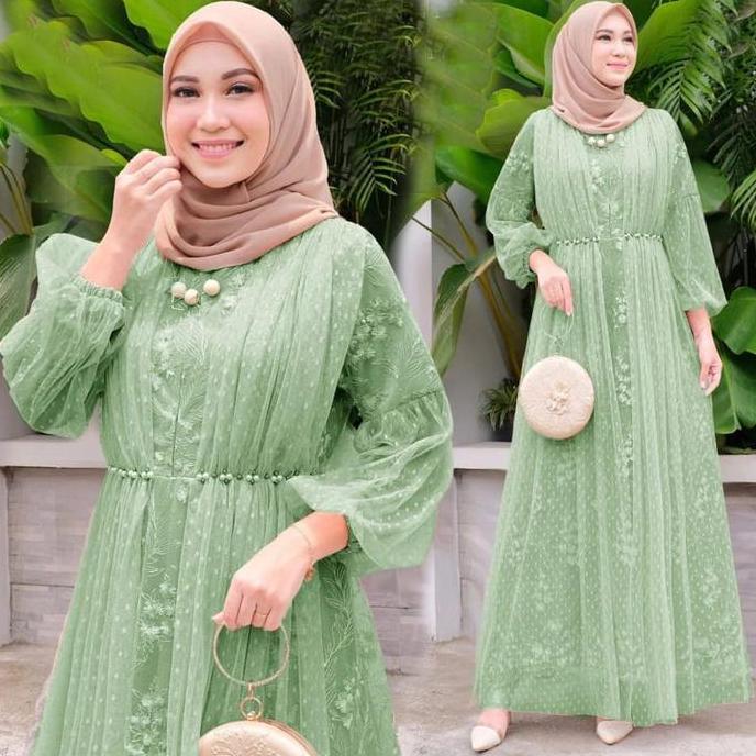 Khza- Gamis Salina Tile Mutiara Busui Dress Dengan Tangan Wudhu Friendly Dan Aksess Mutiara Di Pingg