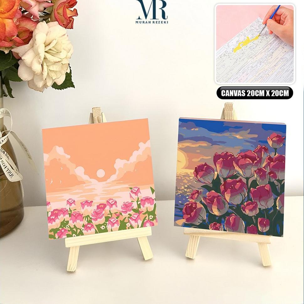 Painting By Number Kit Ukuran 20x20cm DIY Kanvas Siap Lukis Aesthetic / Lukisan Bunga Pemandangan Ca
