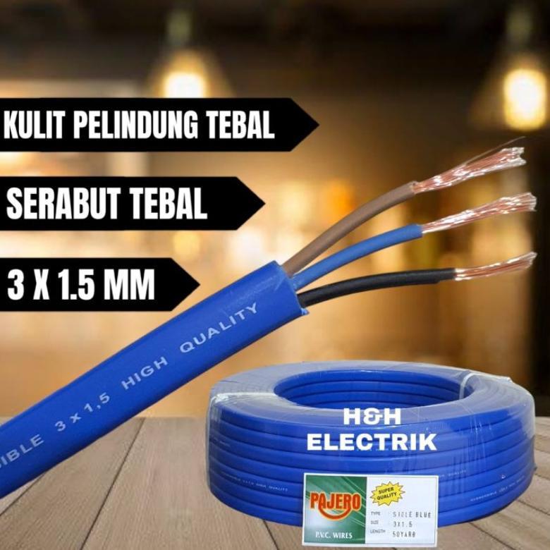 Kabel Submersible/Sibel Pompa air Kabel Serabut 3x1.5mm Model Oval Biru Permeter