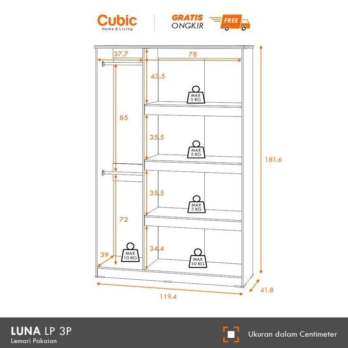 Terlaris Cubic Lemari Pakaian Cermin Minimalis 3 Pintu - Luna Lp 3P