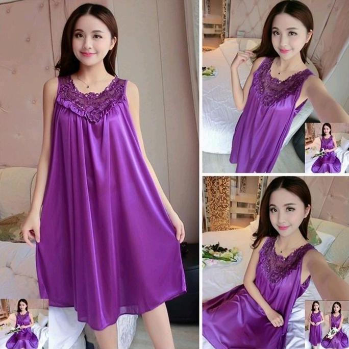 Baju Tidur Wanita Dress Lingerie Sexi Daster Happy Satin L Fit Xl Dewasa Panjang