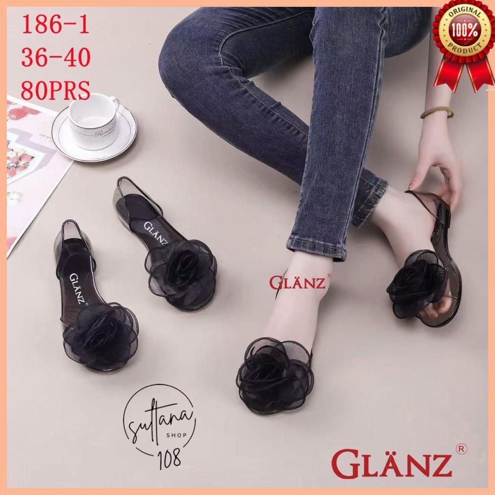 murah sepatu jelly glanz 186-1 sepatu flat jelly transparan mawar hitam organza terbaru
