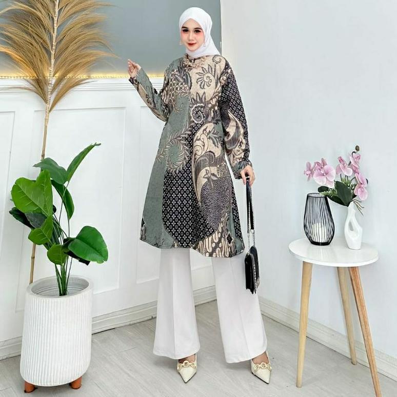 DISKON Tunik batik  Wanita Modern Atasan Lengan Panjang Seragam Kantor Guru Perempuan Kerja Kantoran