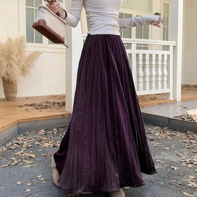 ARUM WANDA DEWI ROK PANJANG MAXI LONG WANITA BLUDRU VELVET PLISKET KOTAK HALUS LEMBUT WOL FLANEL SUE