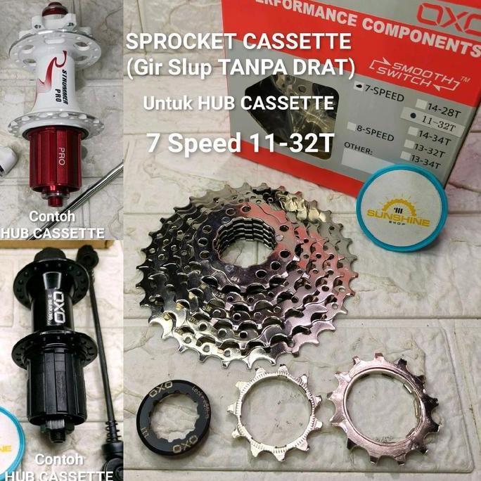 Sprocket Cassette 7 Speed 11-32T / 11-34T Chrome Gir Slup Tanpa Drat Untuk Hub Freehub Jangkrik Sepe