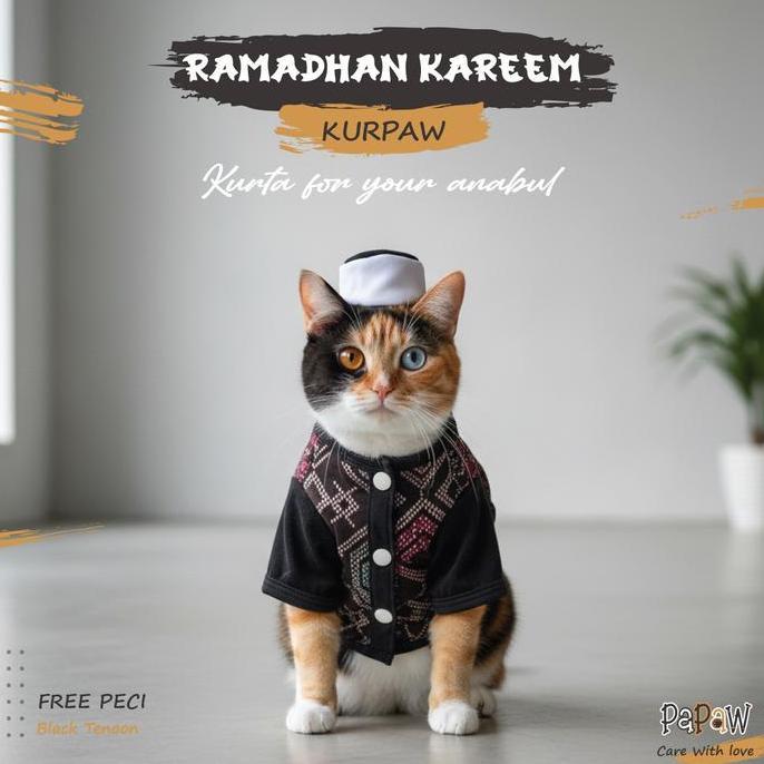 Baju Kucing Koko Muslim Kurta Kemeja Lebaran Anabul Cowok Lucu Murah Kostum Ramadhan Kurpaw